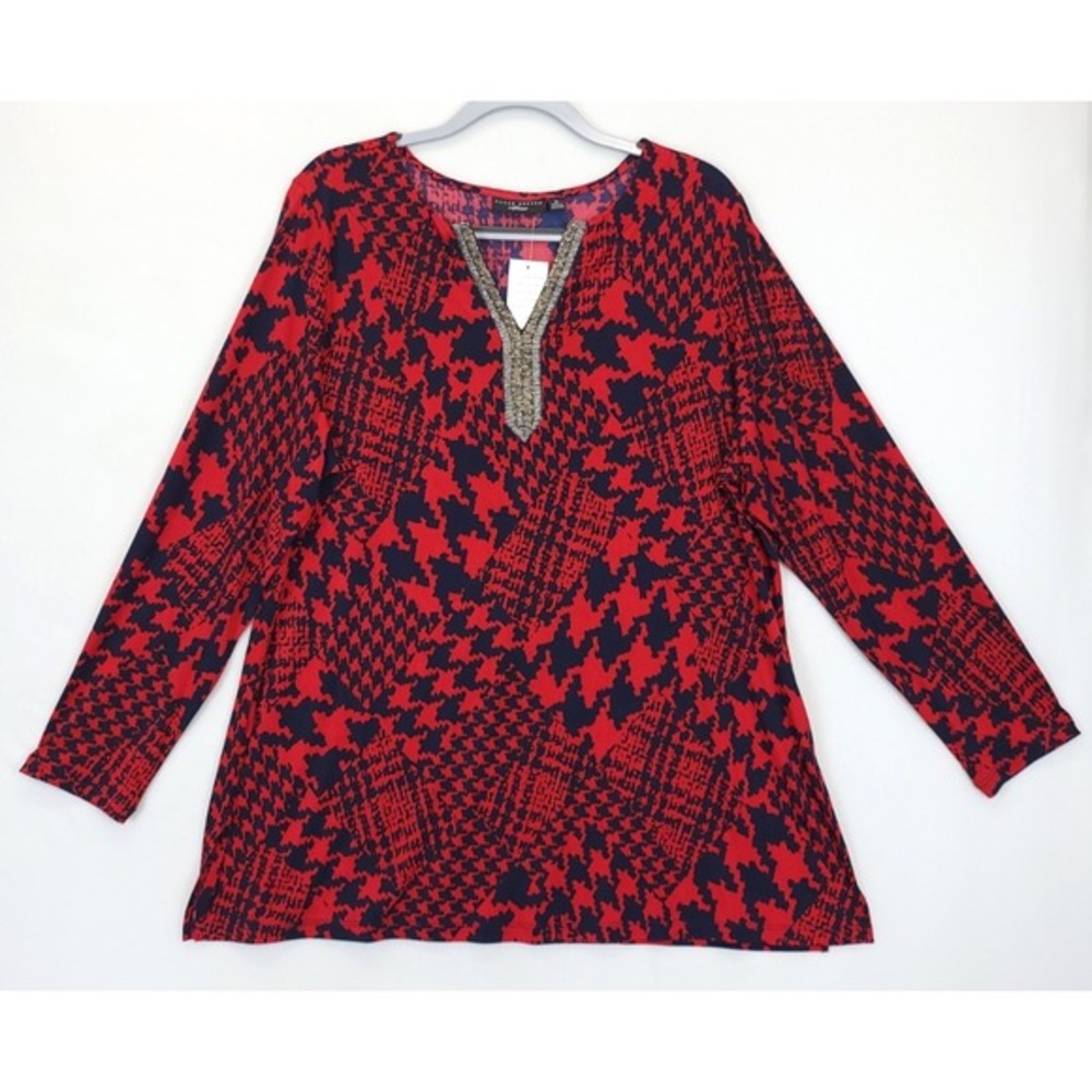 Susan‎ Graver Artisan Tunic Houndstooth Beaded Liquid Knit Women XL Red Navy